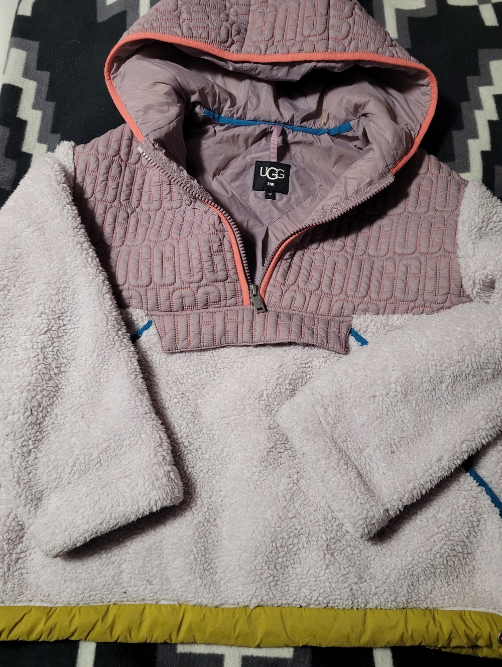 UGG Womens Mauve Quilted & Sherpa Half-Zip Hoodie with Coral Trim Size M